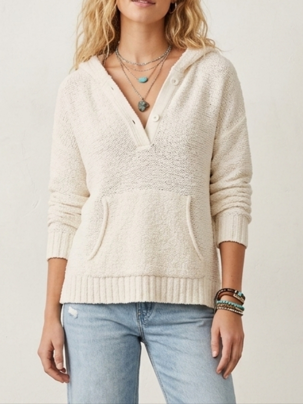 Lou & Grey White Boucle Knit Hooded Henley Sweater Beachcore Coastal Size M